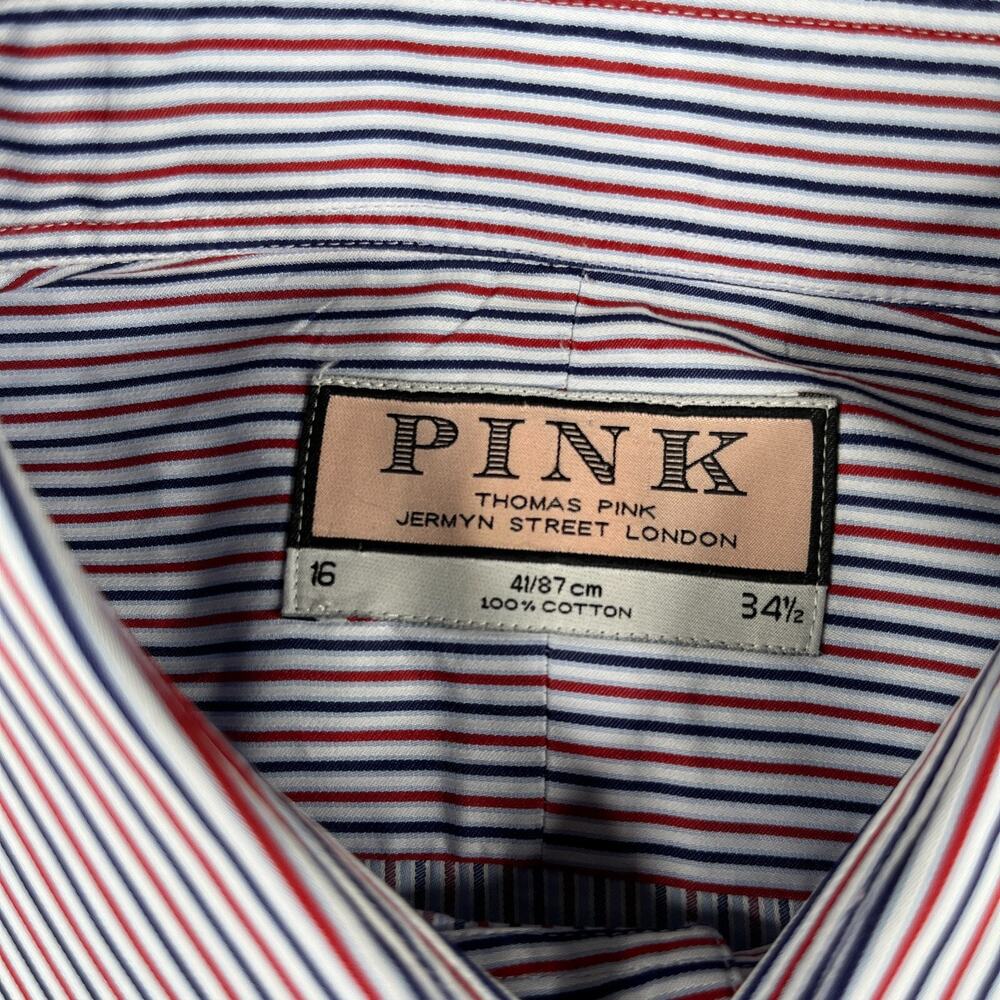 Thomas Pink Shirt 16 Red White Blue Striped French Cuff Button Up Long Sleeve - Picture 3 of 10